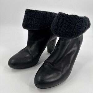 UGG Ankle Boots Womens 9 Black Leather Knit Fold Over Block Heel 1003735‎